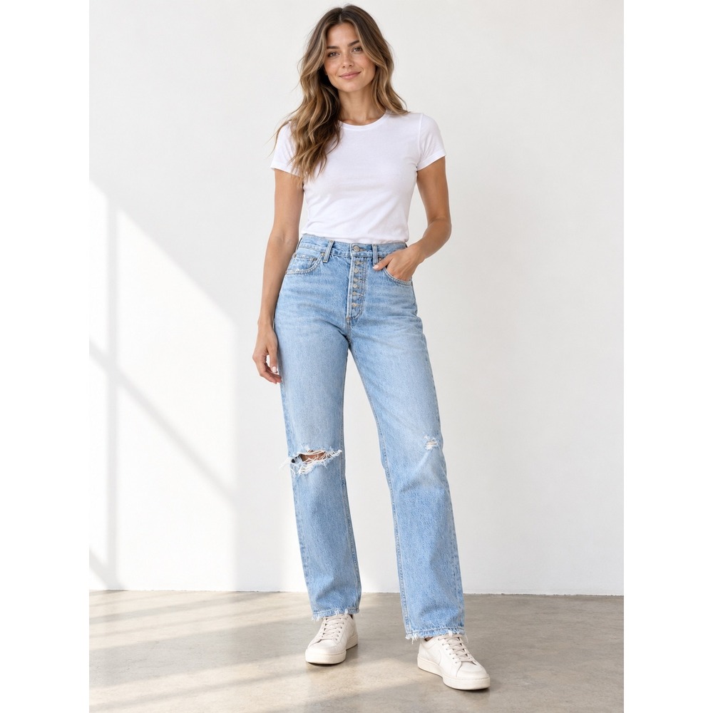 AGOLDE Riley High Rise Straight Jeans 26 Light Wash Distressed Raw Hem